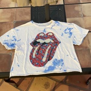 Blue white red and black rolling stones shirt